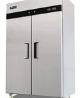 Heavy Hitter 52 Inch Commercial Reach In Freezer with solid doors and digital thermostat in stainless steel finish.