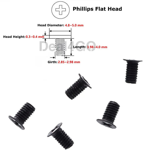 Premium M3x4mm Phillips Flat Head Mounting Screws, black steel, shown in detail for 2.5 inch HDD and SATA SSD setups.