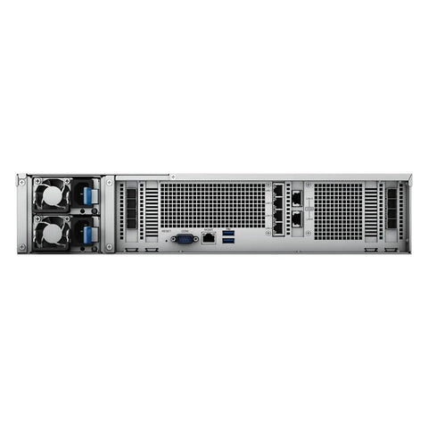Heavy Duty Built Like A Tank 12 Bay Rack Mount Nas Server rear view showcasing dual redundant power supply and ports.