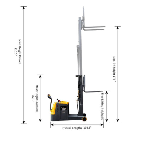 Counterbalanced Electric Forklift Packing A Rock Solid Three Thousand Three Hundred Pound Capacity That Tears Through Heavy Loads Without Breaking A Sweat For Rapid Smooth Warehouse Moves side view with mast height shown.