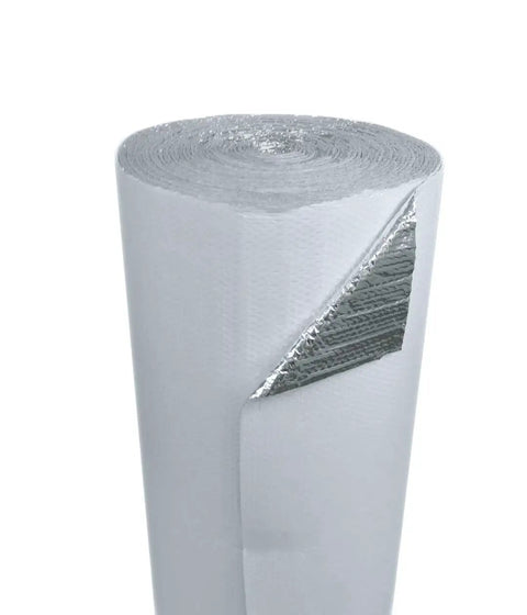 Rock Solid Double Bubble Reflective Foil Insulation R8 Thermal Barrier Roll 48 inches by 100 feet in a rolled position with reflective surface.