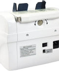 Premium Automatic Money Counter With Top Notch Uv Mg Ir Bill Detection And Blazing Fast Multi Currency Counting For Canada Polymer Cash Worldwide Paper Money Sorted With Zero Hiccup back view showing power connectivity and model specifications.