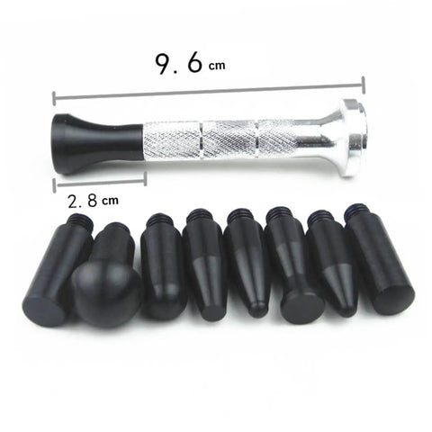 Auto Dent Repair Kit With Replaceable Heads, Pro Grade Dent Remover Tool Set for car body panel repair, silver tool, black heads.