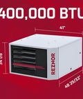 Top Shelf Ruggedly Built 400K BTU Propane Garage Heater With Forced Air Blower For Workshop Warehouses And Commercial Shed Solutions dimensions showing height, width and length.