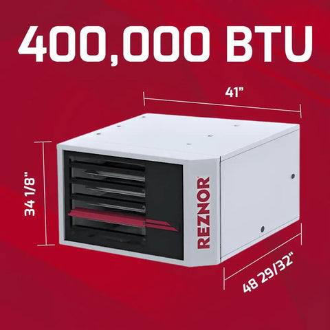 Top Shelf Ruggedly Built 400K BTU Propane Garage Heater With Forced Air Blower For Workshop Warehouses And Commercial Shed Solutions dimensions showing height, width and length.