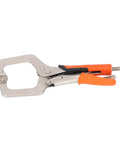 Heavy Duty 9 Inch Locking C Clamp Pliers With Rotating Pads For Welding And Woodworking, showing metal frame and orange grips.