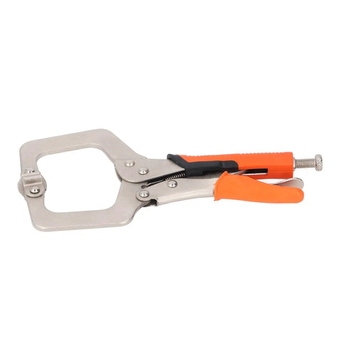 Heavy Duty 9 Inch Locking C Clamp Pliers With Rotating Pads For Welding And Woodworking, showing metal frame and orange grips.