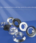 Heavy Duty M12 X 1.5 Hex Flange Nuts Crafted From Top Shelf 304 Stainless Steel For Hella Rust Resistance And Badass Grip Strength Perfect For Trucks And Hot Rods With Ten Pieces Featuring Serrated And Flat Bases displayed on blue background.