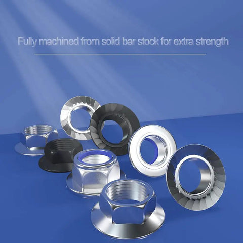 Heavy Duty M12 X 1.5 Hex Flange Nuts Crafted From Top Shelf 304 Stainless Steel For Hella Rust Resistance And Badass Grip Strength Perfect For Trucks And Hot Rods With Ten Pieces Featuring Serrated And Flat Bases displayed on blue background.