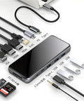 Sleek USB C Docking Station For Triple Monitors With USB 3.0 Ports And Dual Card Slots In Heavy Duty Aluminum Build showing connected cables and ports.
