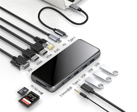 Sleek USB C Docking Station For Triple Monitors With USB 3.0 Ports And Dual Card Slots In Heavy Duty Aluminum Build showing connected cables and ports.