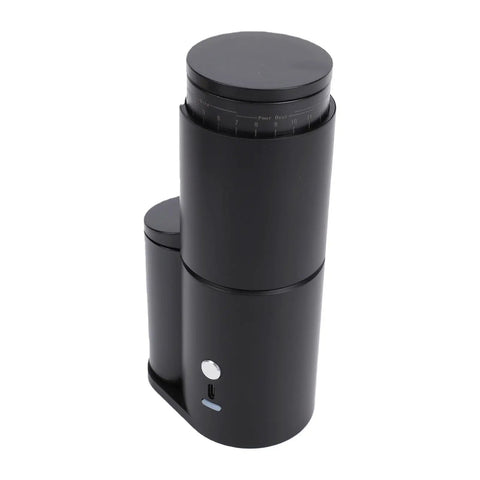 Top Shelf Portable Burr Coffee Grinder Featuring 38mm Stainless Steel Conical Blades And Anti Static Magnetic Cup, black design.