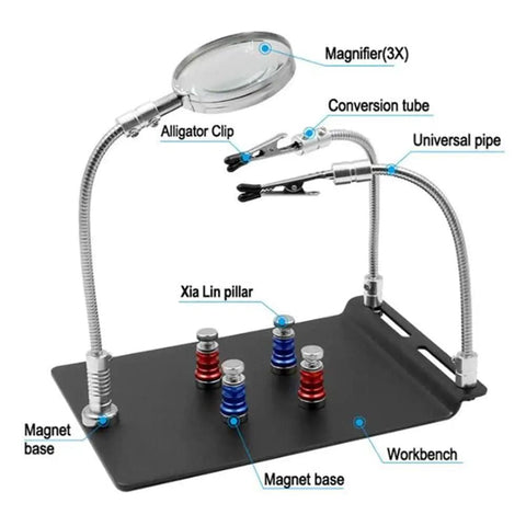 Pro Grade Three Arm Soldering Magnifier Tool With Flexible Gooseneck Arms, 3X Magnifying Glass, Magnetic PCB Holder, Lockable Clamps