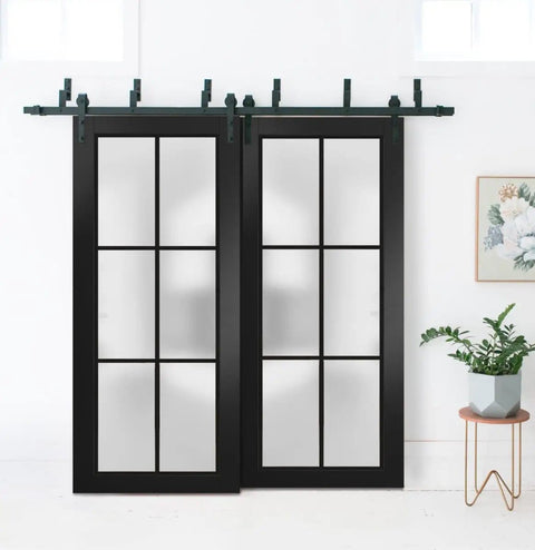 Frosted Glass Sliding Barn Door Set For Closets With Matte Black Hardware Two 42x96 Panels 84 Wide Total 8 Ft Rails