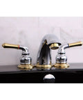 Magellan Widespread Bathroom Faucet 8 Inch Adjustable Center Polished Brass Solid Brass Construction on black sink.