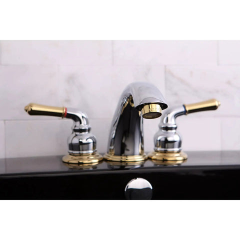 Magellan Widespread Bathroom Faucet 8 Inch Adjustable Center Polished Brass Solid Brass Construction on black sink.