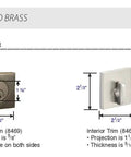Square style solid brass deadbolt showing exterior and interior trim with dimensions, designed for residential doors.