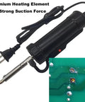 Pro Grade Desoldering Gun With 110V Heating, black design, shown with power cord and nozzle, strong suction for efficient tin removal
