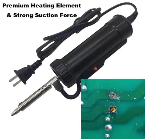 Pro Grade Desoldering Gun With 110V Heating, black design, shown with power cord and nozzle, strong suction for efficient tin removal