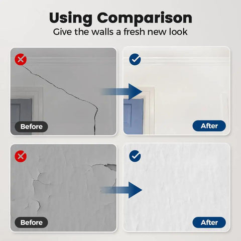 Comparison of wall cracks before and after repair using All In One Wall Patch Repair Paste Kit For Drywall Cracks And Holes.