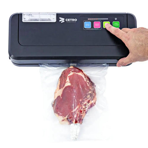 Vacuum Sealer Machine CPVS 290R sealing meat in liquid bag for safe food storage, demonstrating easy use and high performance.