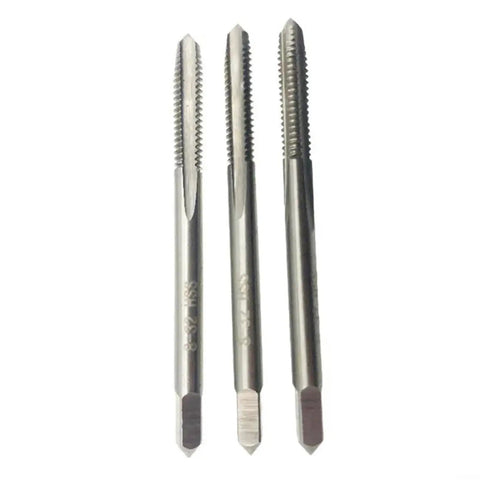 Three Piece 8 32 UNC Tap Set With 3 Flutes For Hand Threading In Mild Steel Aluminum Iron Copper Stainless Steel And Hard Plastics Pro Grade High Speed Steel Taps For Precise Durable Metalworking shown vertically on white background