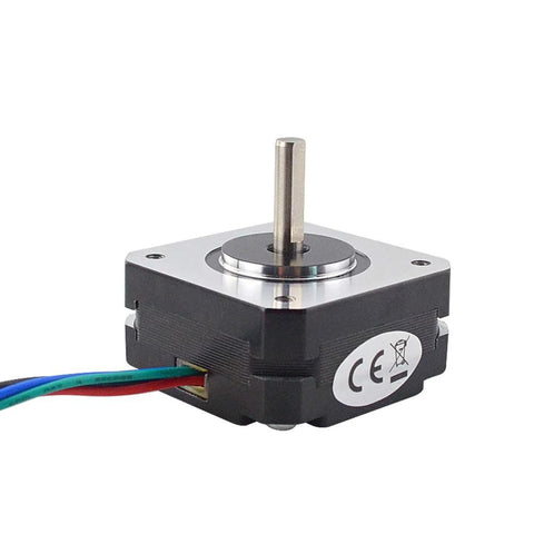 NEMA 17 short-body bipolar stepper motor with metal shaft, black housing, multi-colored wires, CE label.