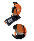 5 Inch Cutting Edge Chop Saw With 14 Inch Blade for burr-free cutting, featuring a lock and cut clamp with V-block for rods and tubing.