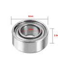 Pack Of Twenty Mr63zz Miniature Deep Groove Ball Bearings With Double Steel Shields Built Damn Tough Using Chrome Steel For Ridiculously Smooth High Speed Spin And Rock Solid Power Tool Performance Measuring 3X6X2.5mm close-up view showing dimensions of 6mm and 2.5mm.
