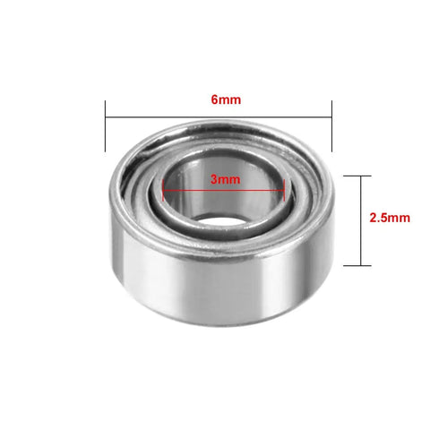 Pack Of Twenty Mr63zz Miniature Deep Groove Ball Bearings With Double Steel Shields Built Damn Tough Using Chrome Steel For Ridiculously Smooth High Speed Spin And Rock Solid Power Tool Performance Measuring 3X6X2.5mm close-up view showing dimensions of 6mm and 2.5mm.