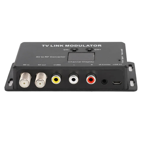 Front view of UHF TV Link Modulator With AV To RF Converter For Your Local CATV Setup, illustrating various input and output ports.