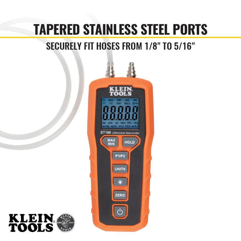 Front view of Klein Tools ET180 digital manometer with orange housing, large backlit LCD and dual pressure ports with hoses