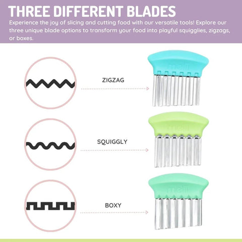 melii stainless steel crinkle cutters, 3-pack with blue, mint and lime handles; zigzag, squiggly, and boxy blades