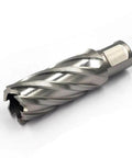 Angled view of an annular cutter with Weldon shank and spiral flutes, metallic silver finish