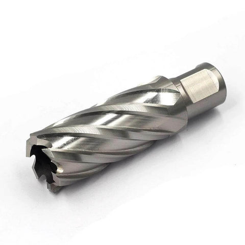Angled view of an annular cutter with Weldon shank and spiral flutes, metallic silver finish