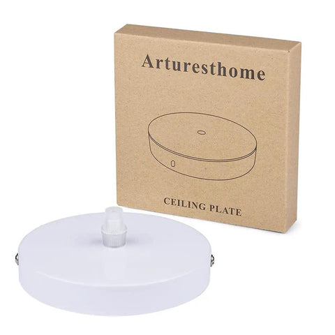 5.9 Inch White Ceiling Plate Light Kit with hardware shown with box packaging.