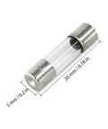 Close-up of 5x20mm glass tube fuse, Must-Have Grab-N-Go All-In-One 100-Piece Glass Tube Fuses Kit, dimensional view.