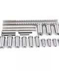 Pro Grade Keyway Broach Set For Lathe 22 Pc HSS Broaching Kit with collared bushings and shims displayed on white background