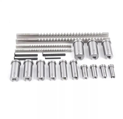 Pro Grade Keyway Broach Set For Lathe 22 Pc HSS Broaching Kit with collared bushings and shims displayed on white background
