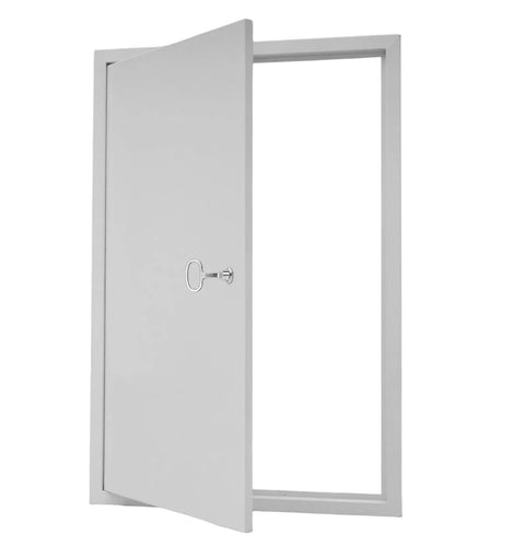 Premium Galvanized Steel Access Panel 24 By 36 Inches With Secure Lock And Key heavy duty drywall utility cover, open view.