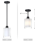 Two Pack 1 Light Indoor Hanging Kitchen Island Pendant Lights With 5 Inch Clear Frosted Glass Shades in Sleek Black Finish