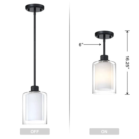 Two Pack 1 Light Indoor Hanging Kitchen Island Pendant Lights With 5 Inch Clear Frosted Glass Shades in Sleek Black Finish