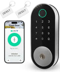 Image of Built In WiFi Fingerprint Smart Deadbolt With Keypad Keyless Entry Lock For Home And Airbnb No Hub Or Gateway Needed Remote App Access Auto Lock DIY Setup Alexa And Google Compatible showing a sleek black exterior with digital keypad and smartphone interface for remote access.