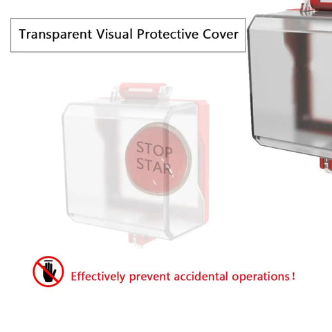 Big Transparent Emergency Stop Button Cover With Removable Base Box Type Push Switch Protector with stop sign visible inside
