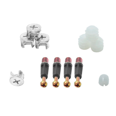 Twenty Four Piece 35 mm Cam Screw And Dowel Pin Kit With Zinc Connectors For Drawer And Dresser Refresh components set with screws, dowel pins, and connectors.