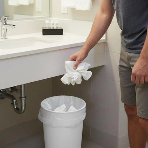Person throwing used paper towels into a white trash can lined with No Mess Clear Trash Bags Bulk Bundle One Thousand Count Seven To Ten Gallon.