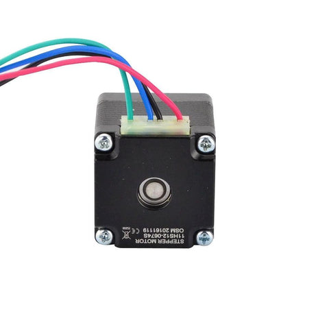 Mini NEMA 11 bipolar stepper motor with six colored leads and mounting screws, front view.