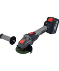 21V Cordless Electric Angle Grinder With Brushless Motor And Gutsy 6000mAh Battery For Serious Cutting Polishing Plus Grinding Tasks Featuring 3 Speed Settings And Live Power Display For That Badass Shop Session, showing grip and blade.