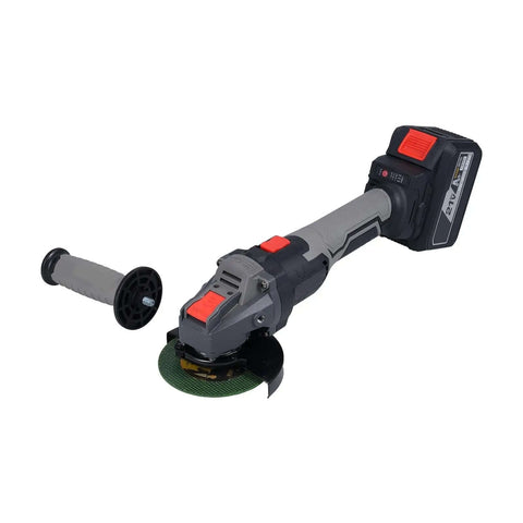21V Cordless Electric Angle Grinder With Brushless Motor And Gutsy 6000mAh Battery For Serious Cutting Polishing Plus Grinding Tasks Featuring 3 Speed Settings And Live Power Display For That Badass Shop Session, showing grip and blade.