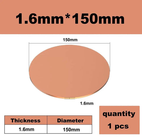 Rock Solid Copper Round Plate And Heavy Duty Solid Disc Washer For Cnc Machining, Welding And Industrial Fabrication, 1.6mm X 150mm, showing dimensions.